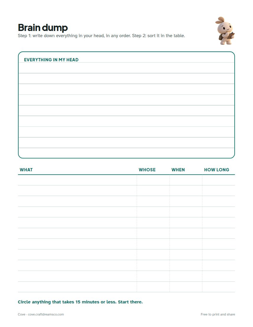 Preview: a brain dump sheet with a space to write everything, then a table to sort it.