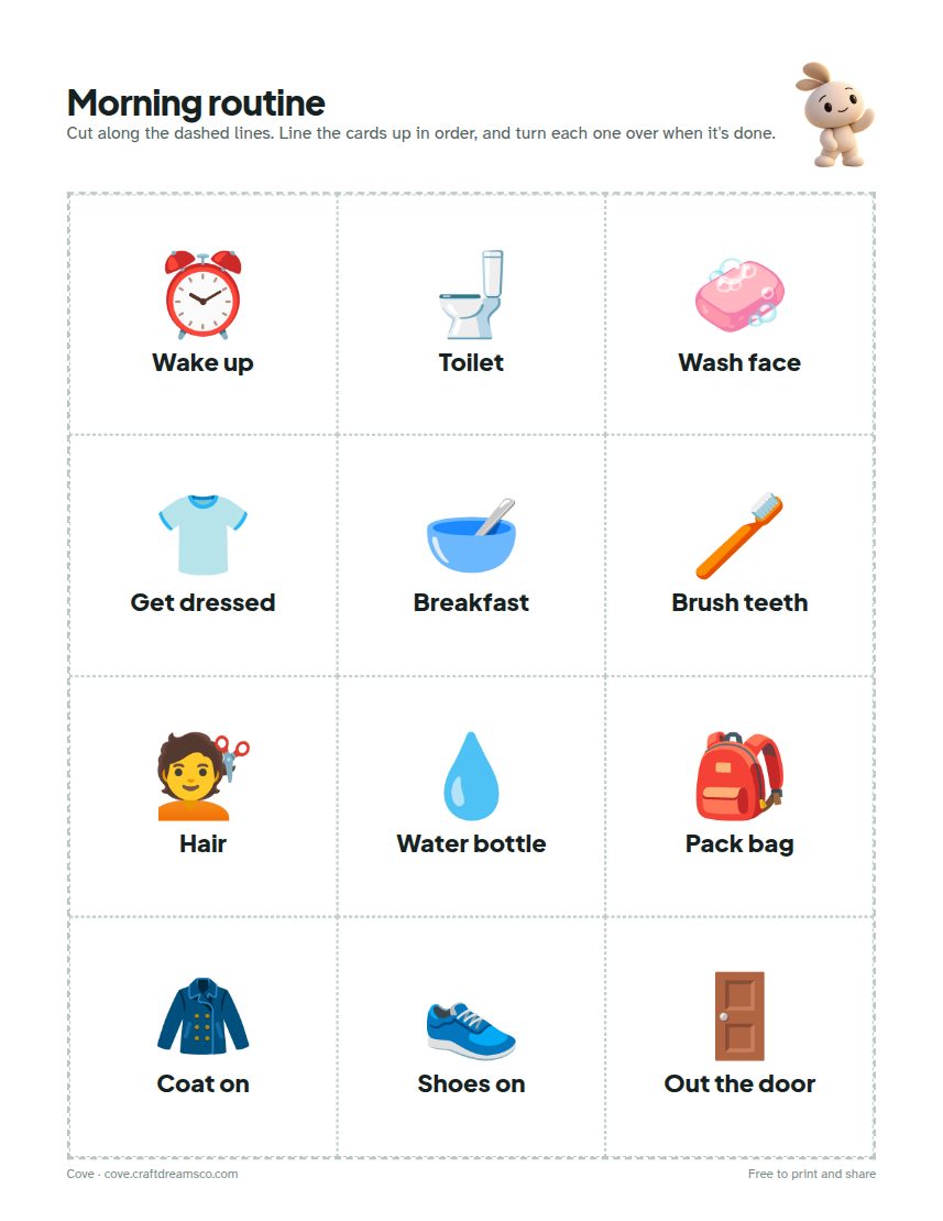 Preview: a page of picture cards for a morning routine.