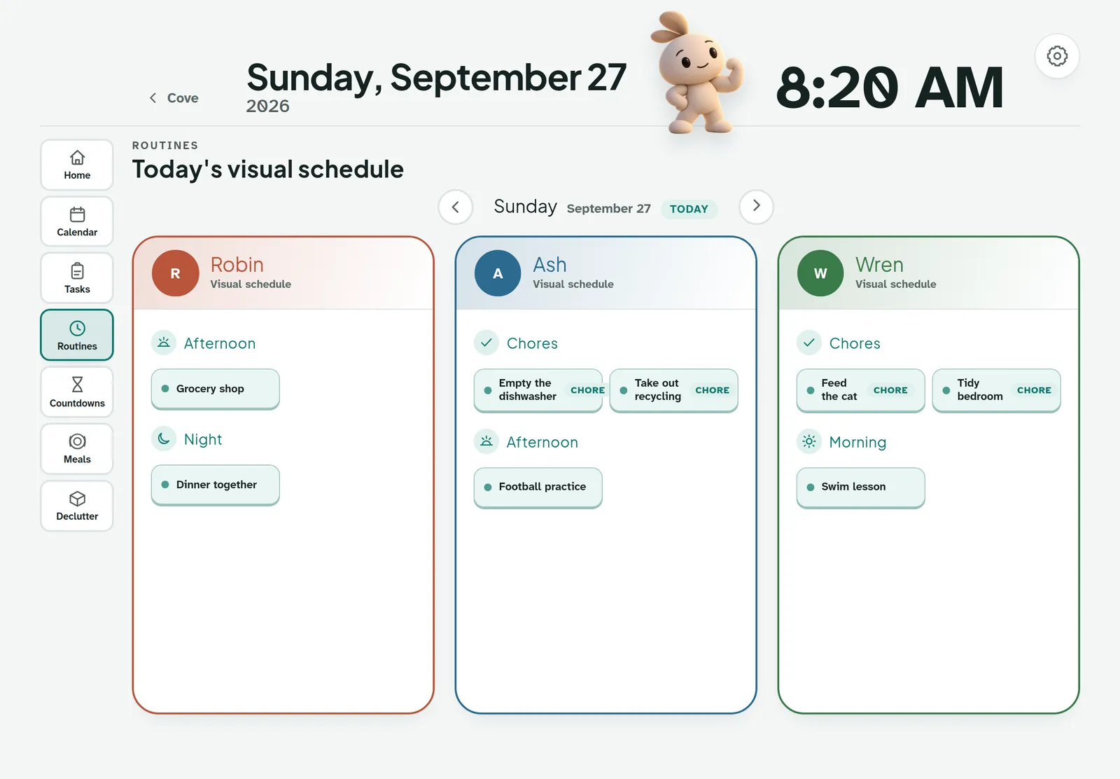 The Routines screen of the wall display with a column for each person.